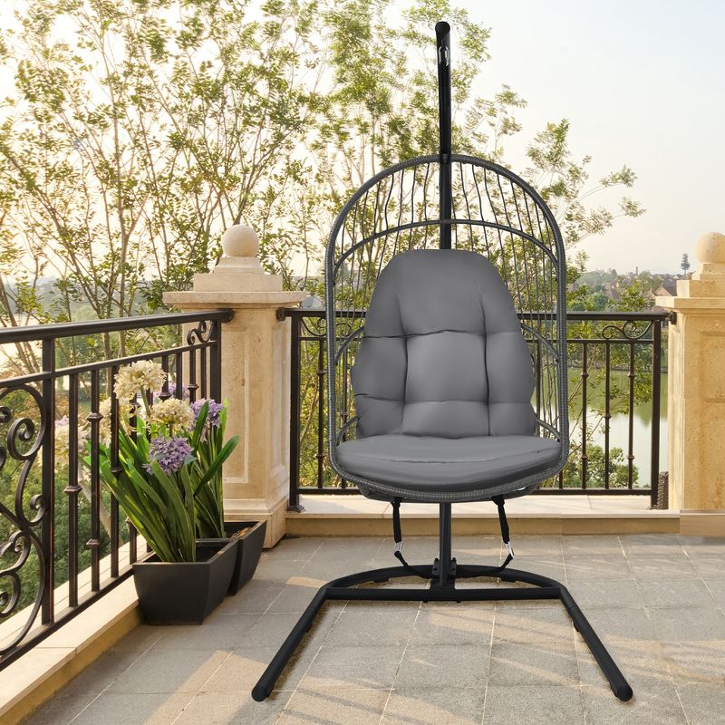 Costway Hanging Wicker Egg Chair w/ Stand Cushion Foldable Outdoor Indoor, 2 of 11