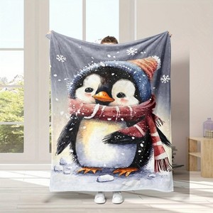 Lomsoe Cute Penguin Snowflake Flannel Blanket, Super Warm, Soft and Comfortable Blanket, Suitable for Sofa, Bed, Office. - 1 of 4