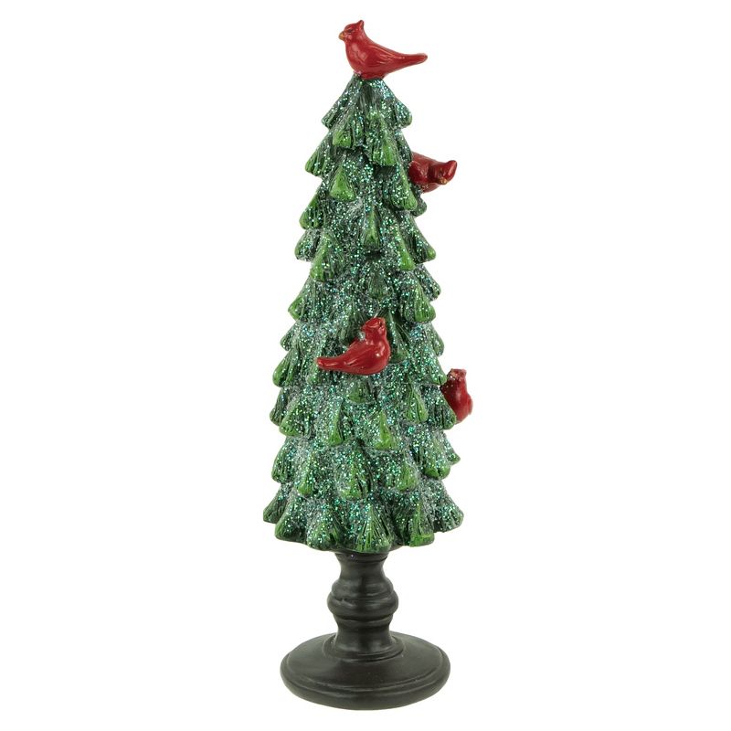 Northlight 8.75" Green Glittered Christmas Tree With Red Cardinals Decoration, 1 of 6