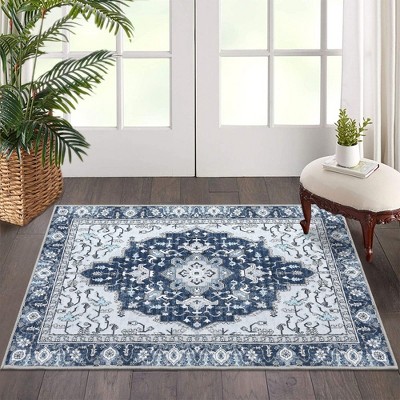 Garvee Washable Vintage Floral Area Rug- Non-Slip Print, Non-Shedding, Soft Foldable Carpets,Blue