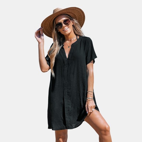 Women's V Neck Shirt Cover Up Dress - Cupshe-l-black : Target