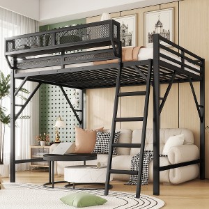 Ridstar 77.6 in. W Full Size Metal Loft Bed with Ladder & Storage Shelves for Kids & Teens-Black - 1 of 4