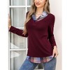 Women's Long Sleeve V Neck Contrast Collared Shirts Patchwork Work Blouse Tunics Tops - 4 of 4