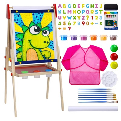 Kids Wooden Easel with Paper Roll,Adjustable Double Sided Wooden Kids Easel Drawing Board with Magnetic Chalkboard, for Kids 3+