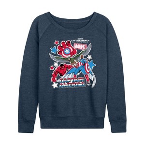 Women's - Marvel - Captain America Sticker Style Lightweight French Terry Wide Neck Long Sleeve Shirt - 1 of 4