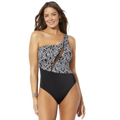 Swimsuits for All Women's One Shoulder Mesh One Piece Swimsuit (Plus Sizes Available)