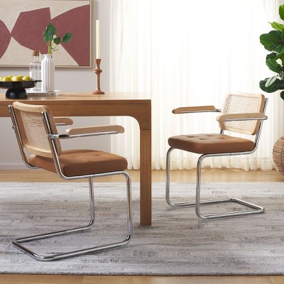 Cognac Faux Leather and Natural Rattan Arm Chair with Chrome Legs