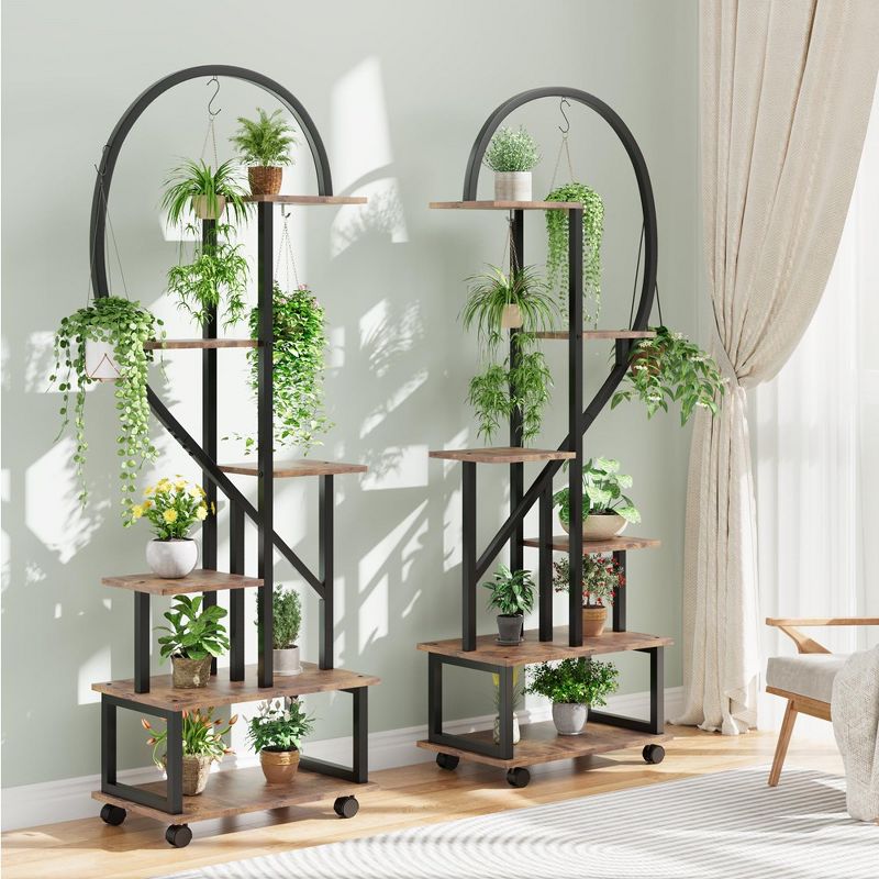 Set of 2 Metal 6-Tier Tall Plant Stands with Detachable Wheels and Drawers, Half Heart Shape Design for Indoor/Outdoor Home, Garden, Patio, Balcony, 1 of 8
