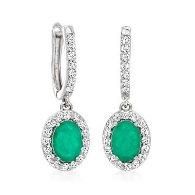 Ross-Simons 1.50 ct. t.w. Emerald and .50 ct. t.w. Diamond Hoop Drop Earrings in 14kt White Gold