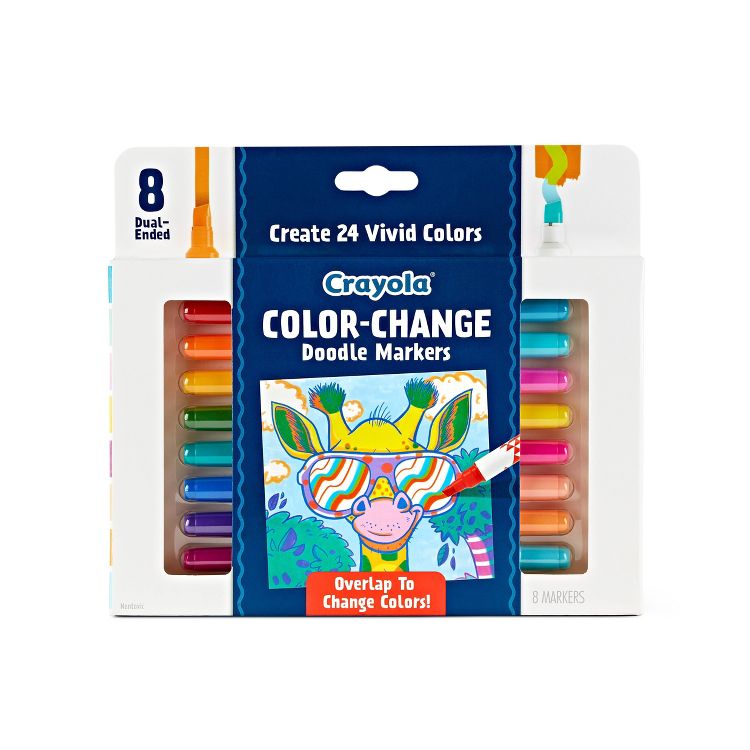A pack of Crayola Color-Change Doodle Markers with eight dual-ended markers in various colors, featuring a colorful giraffe illustration on the packaging.