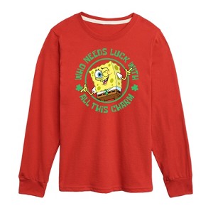 Boys' - SpongeBob Squarepants - Who Needs Luck With This Charm Long Sleeve Graphic T-Shirt - 1 of 4