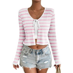 Coolmee Women's Tie Front Cardigan Long Sleeve Rib Knit Shrug Sweaters Crop Tops - 1 of 4