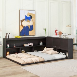 Full-Size Platform Bed with L-Shaped Bookshelves and Sliding Doors, No Slats Required - 1 of 4