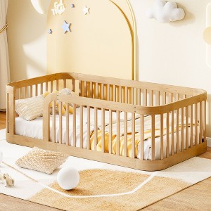 Whisen Wood Twin Size Wood Floor Bed Frame with Fence - 1 of 4