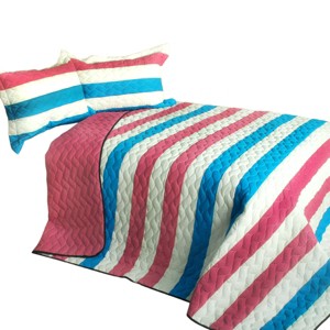 Slickblue 3 PC Handmade Full/Queen Quilt Set, Reversible Vermicelli Quilted, Horizontal Stripes, 37 Color Options - 1 of 4