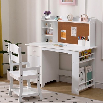 Kids Desk and Chair Set, Wooden Study Table with Storage Shelf, Bulletin Board, Writing Table for Boys and Girls