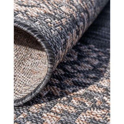 Charcoal Gray Floral Border Outdoor Rectangular Rug