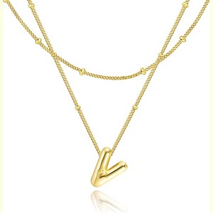 Bubble Letter Necklace for Women, 14K Gold Plated Initial Pendant A-Z Gold-V - 1 of 4