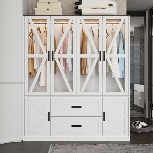 Famapy Farmhouse-Style White 4-Door Wardrobe with LED Lighting & Drawer Storage Armoire - 1 of 4
