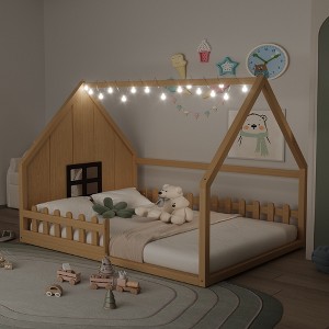 Full Size Wood House Bed with Window and Fence - 1 of 4