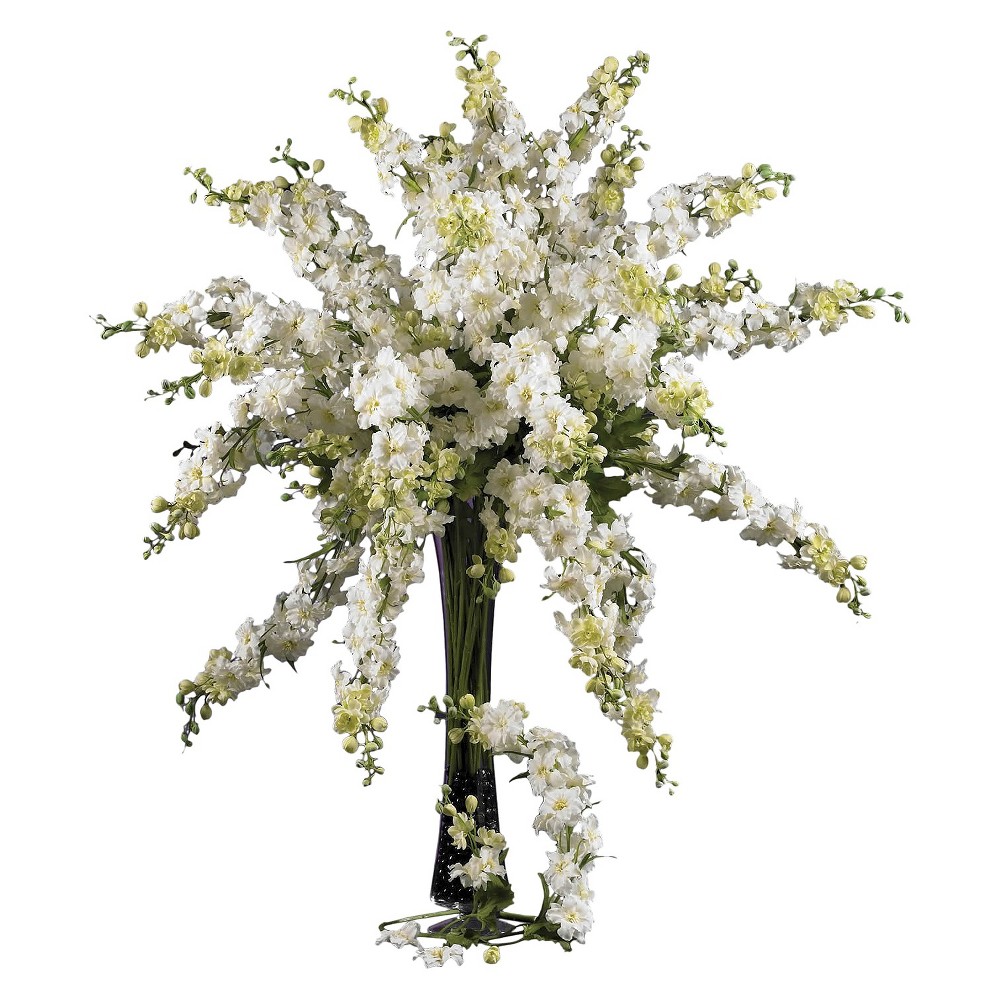 Nearly Natural 38.5  Delphinium Stem (Set of 12) The Delphinium flower can be described as bold and subtle both. With its soft, billowy blooms, a single stem permeates a quiet beauty that matches up against any other flower. But put several stems in an arrangement, and you’ve got a literal explosion of color that cascades in all directions, creating one of the more attractive centerpieces imaginable. Sold by the pack of twelve, these delicate silk beauties will look fresh for years to come. Silk arrangements are manufactured using synthetic materials, such as polyester material or plastic, and are well designed and constructed to be life-like in appearance. This item may need to be re-shaped when removed from the secure box to allow it to reach its fullest size. Your flowers will look beautiful for years to come; simply wipe clean with a soft dry cloth when needed. Measurements are from the bottom of the plant to the furthest extended leaf or branch on the tree. Width dimensions are also calculated from each furthest outstretched dimension. MATERIALS: Polyester material, Iron wire Color: One Color.