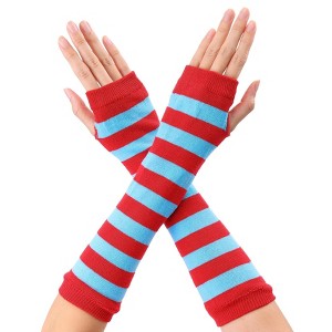 Allegra K Women's Stripe Print Knitted Fingerless Elbow Length Gloves Warmers One Size 1 Pair - 1 of 4