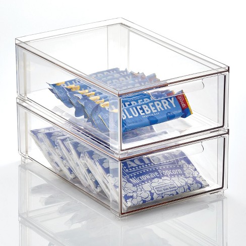 mDesign Plastic Stackable Kitchen Pantry Organizer with Drawer - 4 Pack -  Clear