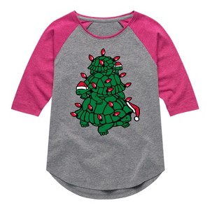 Girls' - Instant Message - Turtle Tree Stack Christmas Shirt Tail Raglan Graphic T-shirt - 1 of 4