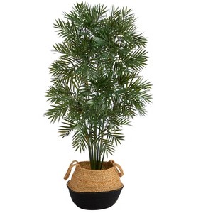 Nearly Natural 4-ft Parlor Palm Artificial Tree in Boho Chic Handmade Cotton & Jute Black Woven Planter - 1 of 4