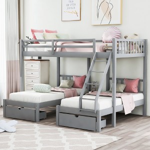 Full Over Twin & Twin Bunk Bed, Wood Triple Bunk Bed with Drawers and Guardrails – ModernLuxe - 1 of 4