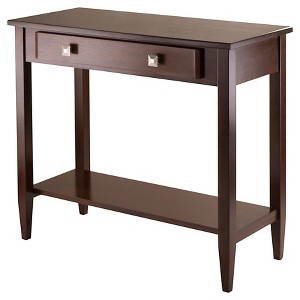 Richmond Console Table with Tapered Leg Walnut Finish - Winsome: Modern Storage, Brushed-Chrome Knobs - 1 of 4