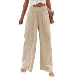 Clearlove Women Linen Palazzo Pants Summer Boho Wide Leg High Waist Casual Lounge Pant Travel Vacation Outfits - 1 of 3
