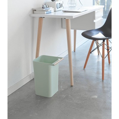 Slim Blue Plastic Trash Can with Wooden Handle, 2.5 Gallons