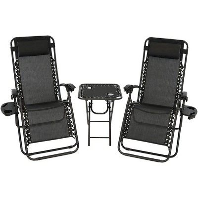 Sunnydaze Outdoor Fade-Resistant Zero Gravity Reclining Lounge Chairs with Pillows, Cup Holders and Matching Tables - Black - 2-Pack