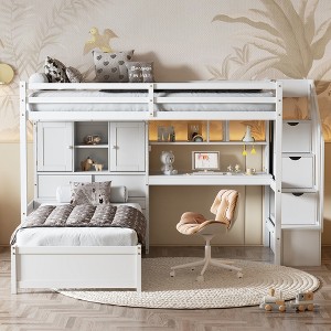 VYNXARIA Twin over Twin Loft Bed with Built-in Desk and Staircase,With Storage Compartments and Shelves,White - 1 of 4