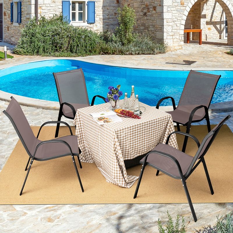Tangkula 4PCS Patio Stacking Dining Chairs w/ Curved Armrests & Breathable Seat Fabric Brown, 2 of 11