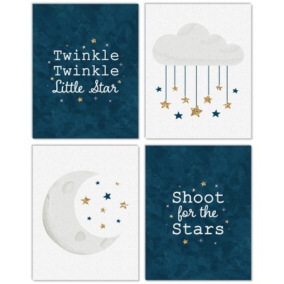 Big Dot of Happiness Twinkle Twinkle Little Star - Unframed Moon & Cloud Nursery and Kids Room Linen Paper Wall Art - Set of 4 Artisms 11 x 14 inches