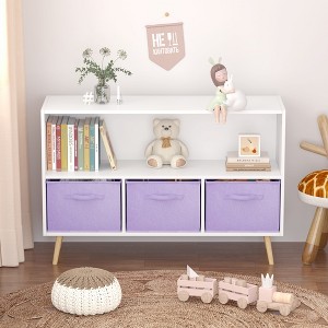 APRILSOUL Kids bookcase with Collapsible Fabric Drawers, Children's Book Display, Toy Storage Cabinet Organizer, WhitePurple - 1 of 4