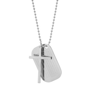Steeltime Men's stainless steel cross and Our Father prayer dog tag pendants on ball chain. Color Options: Silver, Gold, Black - 1 of 4