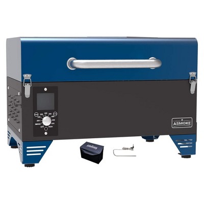 ASMOKE Portable 256 Square Inch 8 In 1 Wood Pellet Grill and Smoker with Stainless Steel Meat Probe, Grease Bucket, and Waterproof Cover, Blue