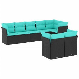 vidaXL Patio Sofa Set with Cushions - 8 Piece Outdoor Furniture, Black Poly Rattan, Blue Fabric, Modular Design, Removable Covers, Assembly Required - 1 of 4