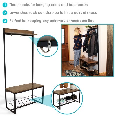 Industrial-Style Hall Tree Bench with Coat/Shoe Rack - Light Brown