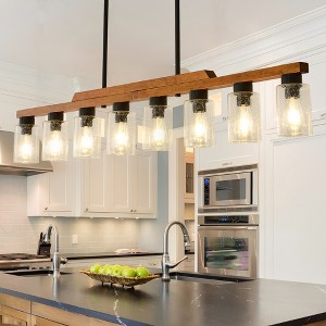 BAOURE 3-Light Farmhouse Wood Chandelier - 19.69" Rustic Rectangular Pendant Light - Black with Seed Glass Shades for Kitchen Islands & Dining - 1 of 4