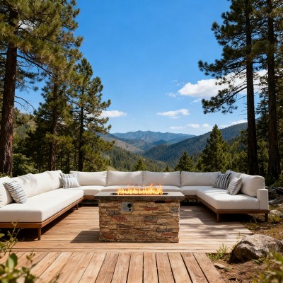 42" Propane Gas Fire Pit Table, 50000 BTU Rectangular Concrete Outdoor Fire Pit, Patio Deck Garden Backyard Fireplace Table with Lid, Beige Multi