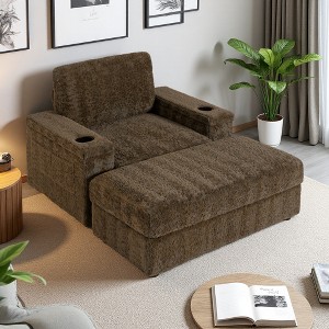 42" Faux Rabbit Fur Oversized Chaise Lounge Chair with Storage Ottoman and Cup Holders - 1 of 4