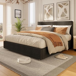 Bed Frame with Tufted Wingback Headboard, Platform Corduroy Upholstered Bed Frame with 4 Storage Drawers and Wooden Slats Support - 1 of 4