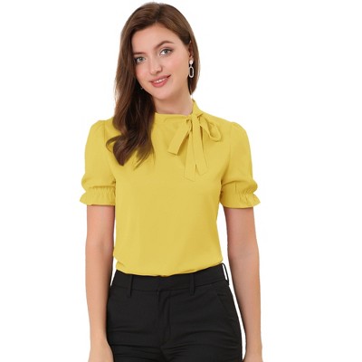 INSPIRE CHIC Women's Bow Tie Neck Solid Color Elastic Cuffs Elegant Office Short Sleeve Blouse