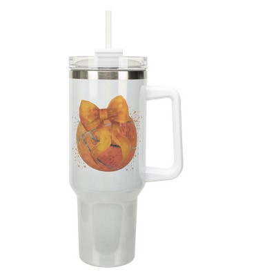 Elanze Designs 40 Ounce Stainless Steel Double Wall Insulated Glitter Travel Tumbler With Handle, Straw, and Lid, Basketball With Orange Bow White