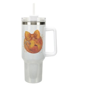 Elanze Designs 40 Ounce Stainless Steel Double Wall Insulated Glitter Travel Tumbler With Handle, Straw, and Lid, Basketball With Orange Bow White - 1 of 1