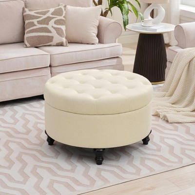 GustoWave Round Storage Ottoman, Modern Button Tufted Ottoman Coffee Table with Removable Top, Beige